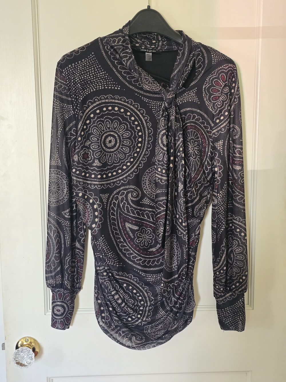 Cable & Gauge Black Paisley Tie-Neck Blouse with Red Accents
